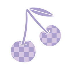 Minimal flat illustration of purple checkered cherry with leaf in trendy pastel color on white background