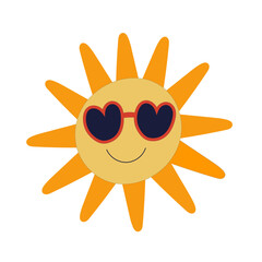 Cartoon sun with heart sunglasses and smiley face in summer style isolated on white background