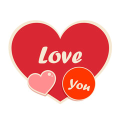 Red heart with love you message and decorative pink and orange hearts on white background for Valentine