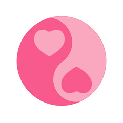 Pink yin yang symbol with heart elements representing love and balance on white background illustration