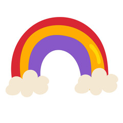 Bright cartoon rainbow with red, orange, and purple arcs between soft beige clouds on white background