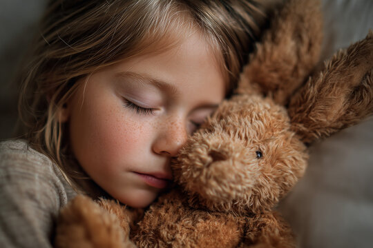 Child peaceful sleeping with beloved stuffed animal buddy