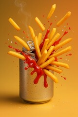 Exploding Metallic Soda Can with French Fries and Ketchup Splash, Surreal Fast Food Concept on Warm Gradient Background