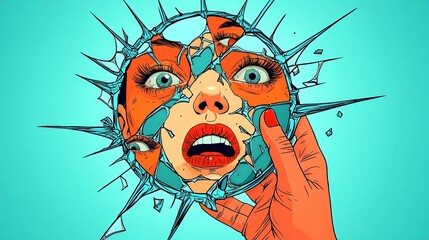 Surreal Pop Art Illustration of Woman’s Face Reflected in Broken Mirror, Concept of Identity and Anxiety