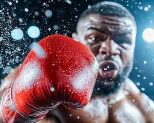 Powerful Boxer Punching Towards Camera in Dramatic Action Shot with Red Gloves and Water Droplets