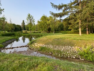 Peaceful park landscape with pond, stone-lined shore, and green trees in warm evening sunlight.