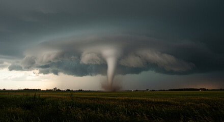 Realistic Tornado Touching Down in Open Farmland Under Overcast Sky – Natural Weather Phenomenon,...