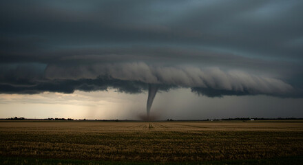 Realistic Tornado Touching Down in Open Farmland Under Overcast Sky – Natural Weather Phenomenon,...