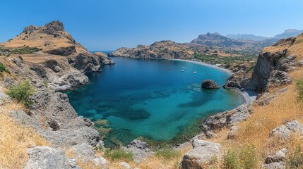 Obraz premium Coastal view, turquoise bay, rocky cliffs