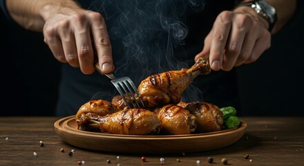 Close-up of Hands Cutting into Steaming Grilled Chicken Drumstick on a Rustic Wooden Plate, Fresh from the Grill, with Spices on a Dark Background
