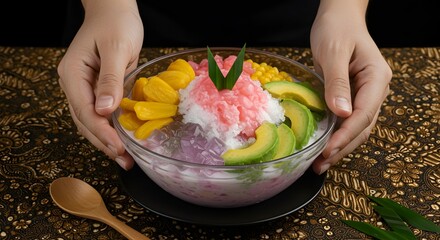 Vibrant Es Campur: Hands Presenting a Bowl of Indonesian Shaved Ice Dessert with Tropical Fruits and Sweet Toppings on Batik Background