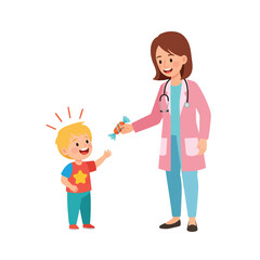 A doctor gives a candy to a happy child, a cheerful interaction.