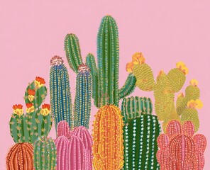 Fototapeta premium Colorful cactus with blooming flowers in pastel desert tones