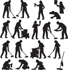 Obraz premium Janitors and Cleaners Silhouette Set – Cleaning Worker Icons