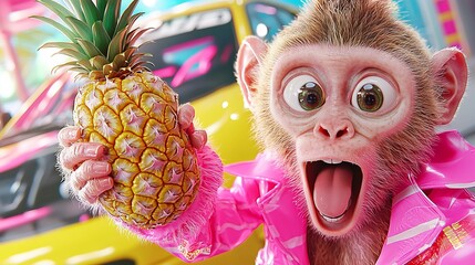 Funny Monkey in Pink Jacket Holding Pineapple with Surprised Expression near Colorful Sports Car
