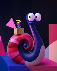Funny Cartoon Snail with Big Eyes Carrying Little Character in Box — Playful 3D Illustration on Abstract Colorful Background