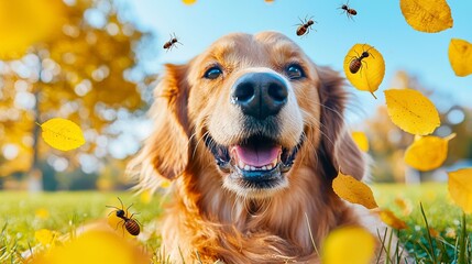 Happy Golden Retriever Dog Smiling in Autumn Park with Yellow Leaves and Flying Bees — Joyful Seasonal Pet Photo