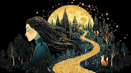 Mystical Woman Walking Through Enchanted Forest at Night with Golden Path and Moon – Fantasy Art Illustration