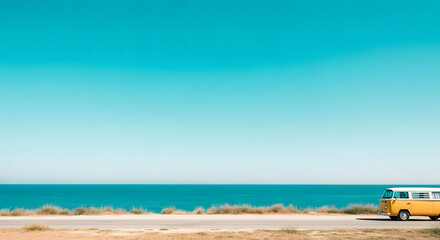 A vibrant beach scene featuring a colorful bus against the blue sea and sky