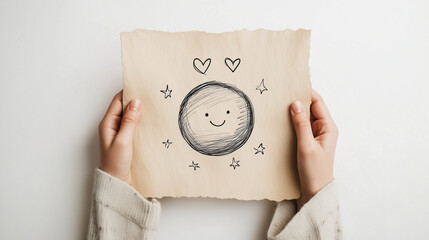 Hands holding a drawing of a smiling moon with stars and hearts  