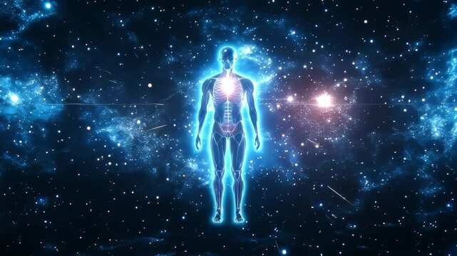 3D render of a human body anatomy hologram with neon light