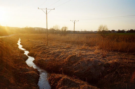Countryside with water river eco friendly stripe Landscape at Sunset