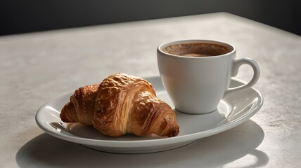 Minimalist coffee scene with espresso cup, saucer, and croissant on a white table &mdash; natural lighting, light color tones