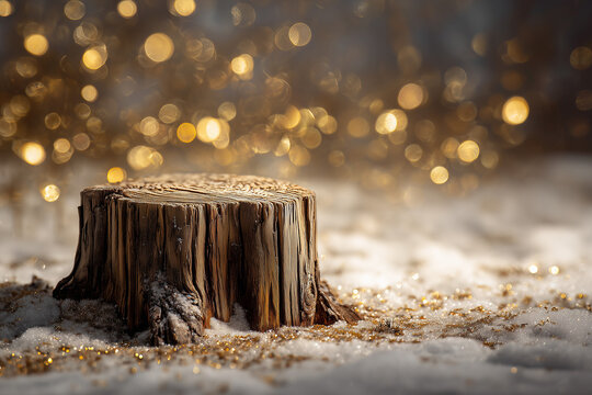 Tree stump on sparkling snow with golden bokeh background