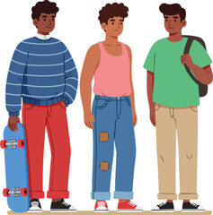 Naklejka na ściany i meble Three young men standing together with skateboard and backpack casual clothing urban style vector illustration