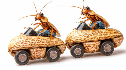 Funny Cockroaches Driving Peanut Shell Cars with Wheels – Creative Conceptual Photo Isolated on White