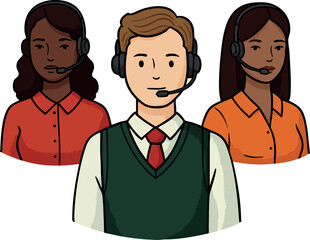 Fototapeta premium Customer support team with headset working in call center providing assistance and communication services vector illustration