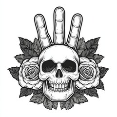 Skull with Peace Hand Sign and Roses Black and White Tattoo Style Vector Illustration