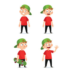 Cartoon boy in various poses, wearing a red shirt and green cap, expressing different emotions.