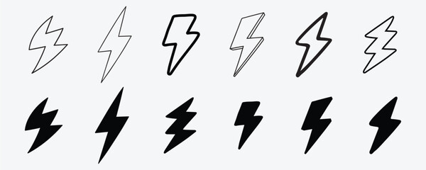 Set of thunder icons Line and Silhouette Vector Style on White Background