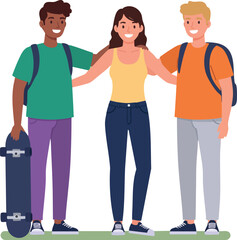 Fototapeta premium Group of diverse friends standing together with backpacks and skateboard casual outdoor activity social bond