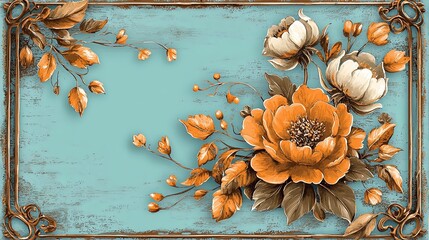Vintage Floral Frame with Orange and White Flowers on Blue Background — Decorative Retro Design