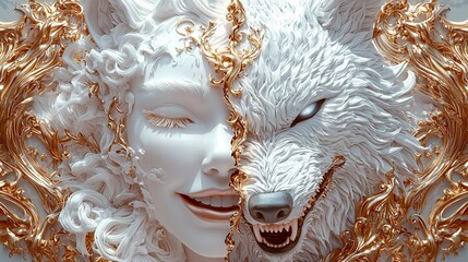 Elegant Half Human Half Wolf Face with Ornamental Gold Details — Surreal Fantasy Concept