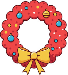 Christmas wreath with colorful baubles and yellow bow decorative vector design for festive holiday celebration