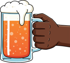 Hand holding frothy beer mug with orange liquid and bubbles vector illustration for beverage and leisure design