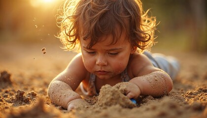 Curly Haired Toddler Lying on Ground Playing with Sand in Warm Sunset Light — Natural Childhood Moment