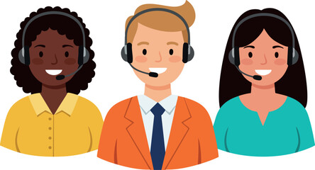 Customer support team with headset working together in call center communication service vector illustration