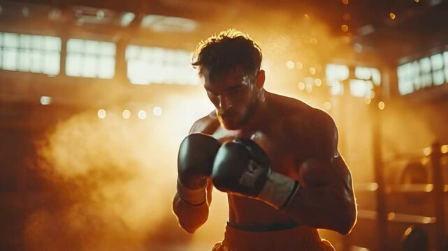 A focused boxer in the ring, ready to fight, exuding intensity and determination. The scene is illuminated with dramatic lighting