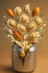 Traditional Dumplings and Pies Splashing from Cracked Can with Milk Splash – Creative Food Concept Illustration