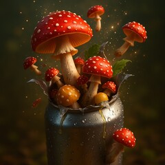 Fantasy Red Mushrooms Growing from Metallic Soda Can in Forest, Magical Concept Illustration