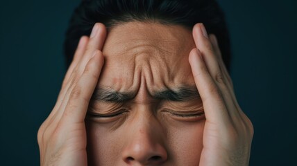 Fototapeta premium Pain with acute discomfort concept. Strained expression of a person holding their head in distress.