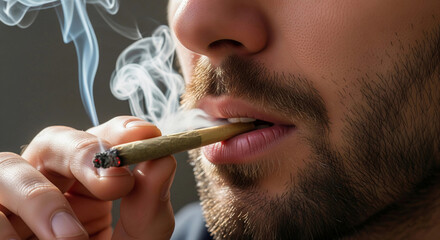 A close-up of a man with a beard smoking a joint, with smoke swirling around his face. The image captures the texture of facial hair and the burning tip, symbolizing relaxation and cannabis culture.


