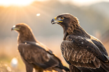 Obraz premium Predatory medium sized birds with brown plumage standing against sunlight background