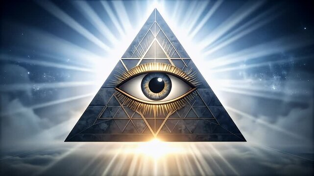 All Seeing Eye Symbol Illuminati Conspiracy Theory with Pyramid and Spiritual Aura in the Sky
