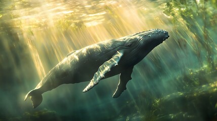 Fototapeta premium Humpback Whale swimming underwater sunlit rays illuminate the ocean aquatic plants visible