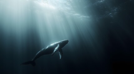 Obraz premium Humpback Whale Silhouette in Sunlit Ocean Depths sea underthesea oceanlife